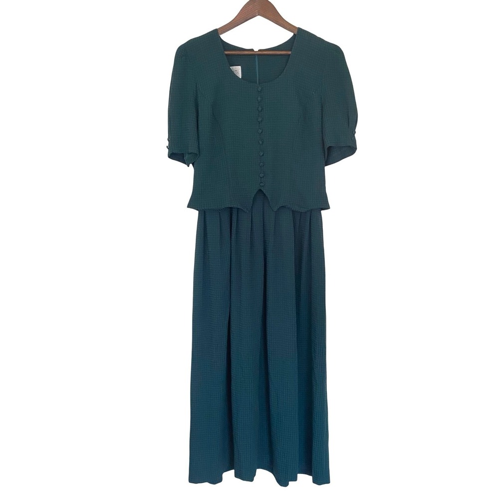 Plaza South Vintage Teal Textured Midi Dress Puff Sleeve Tie Back Size 8 Cottage